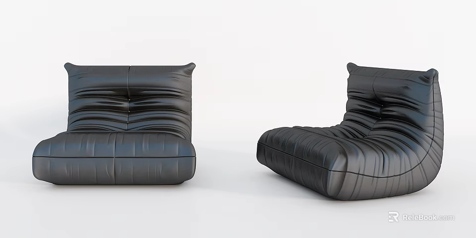 Two Black Leather Lazy Sofas With Wrinkled Design On White Background 3d model 