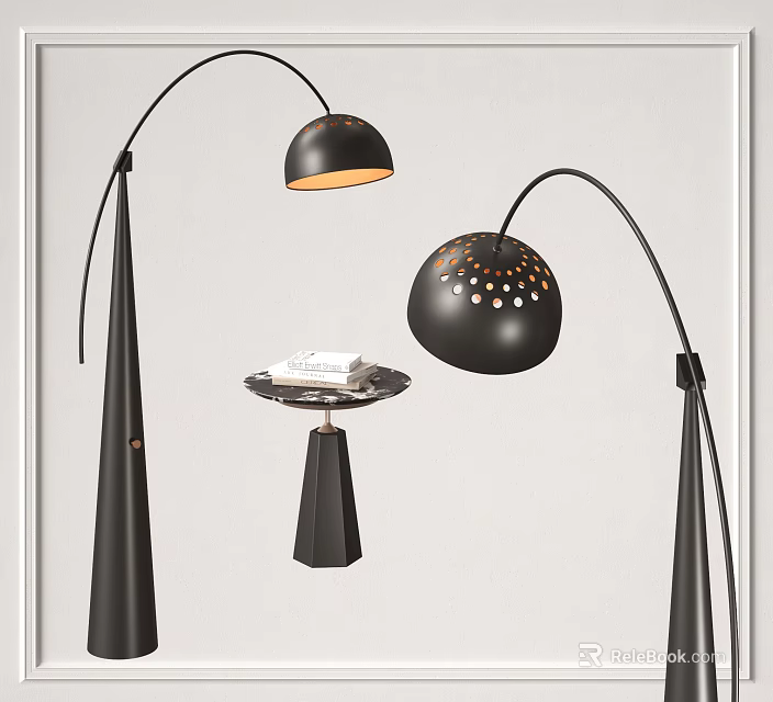 Modern Black Floor Lamp Design With Curved Arm Spherical Shade Holes And Side Table 3d model 