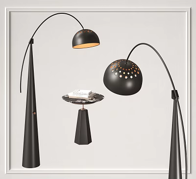 Modern Black Floor Lamp Design With Curved Arm Spherical Shade Holes And Side Table 3d model