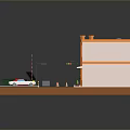 Miniature Urban Landscape Scene Featuring Orange Building Street Trees Traffic Signs And White Car
