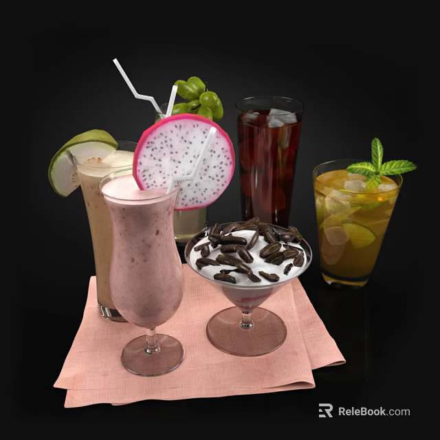 Tasty Assorted Drinks Featuring Milkshake Juice Cocktail With Fruit Mint And Chocolate Decorations 3d model 