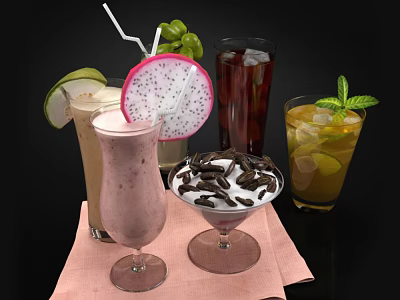 Tasty Assorted Drinks Featuring Milkshake Juice Cocktail With Fruit Mint And Chocolate Decorations 3d model