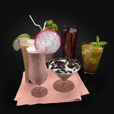Tasty Assorted Drinks Featuring Milkshake Juice Cocktail With Fruit Mint And Chocolate Decorations 3d model