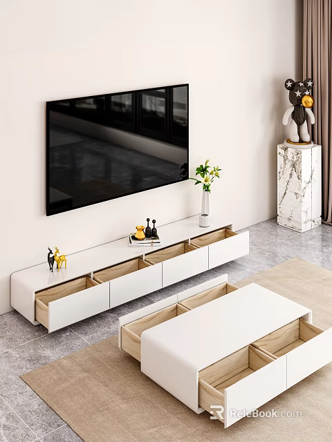 Modern White TV Stand with Open Drawers Decorative Vase Green Plants Small Figurines Under TV 3d model 