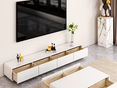 Modern White TV Stand with Open Drawers Decorative Vase Green Plants Small Figurines Under TV 3d model
