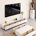 Modern White TV Stand with Open Drawers Decorative Vase Green Plants Small Figurines Under TV