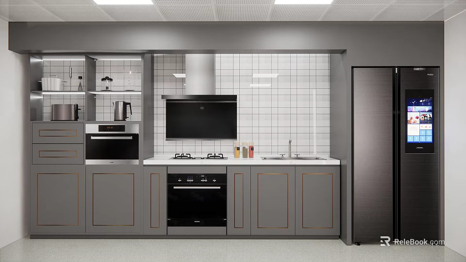 Modern Kitchen With Gray Cabinets Tile Backsplash And Stainless Steel Appliances 3d model 