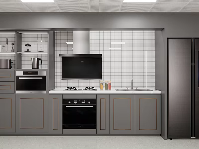 Modern Kitchen With Gray Cabinets Tile Backsplash And Stainless Steel Appliances 3d model