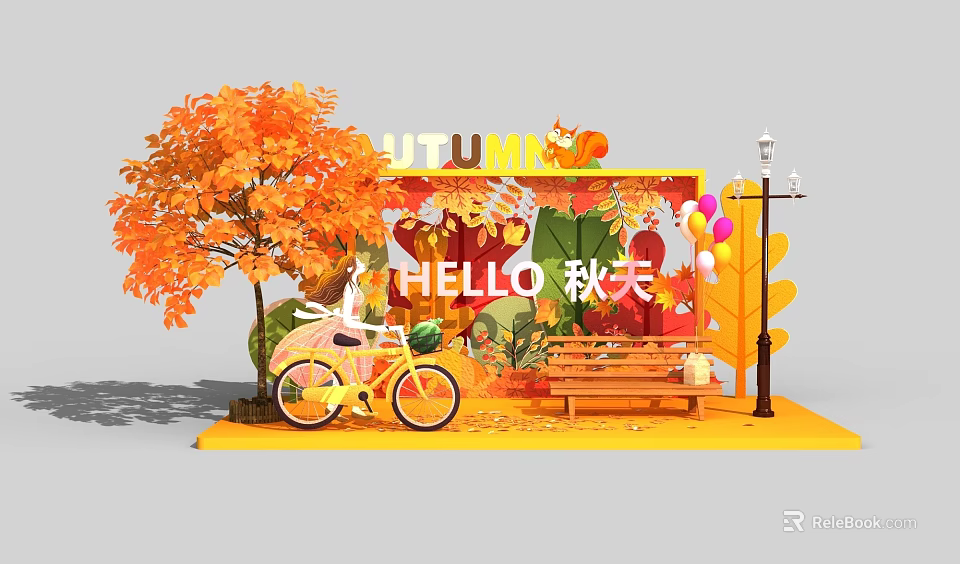 Autumn Themed Photo Check-in Spot With Fall Leaves Hello Autumn Sign Yellow Bicycle And Bench 3d model 