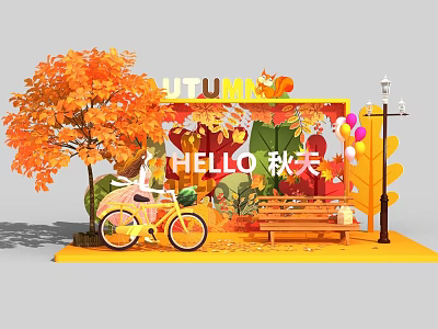 Autumn Themed Photo Check-in Spot With Fall Leaves Hello Autumn Sign Yellow Bicycle And Bench 3d model
