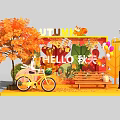 Autumn Themed Photo Check-in Spot With Fall Leaves Hello Autumn Sign Yellow Bicycle And Bench