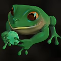 Vibrant Green Reptile Character Holding Green Stone Against Black Background