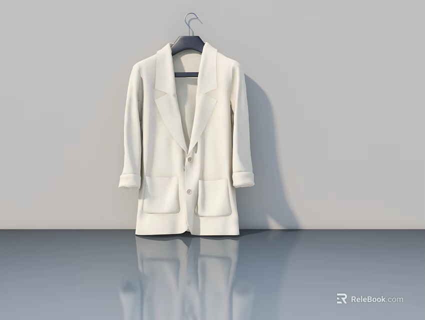White Blazer Hanging On Hanger Against Gray Wall With Floor Reflection 3d model 
