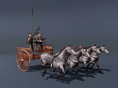 Ancient Wooden War Chariot Pulled By Four Horses With Warriors 3d model