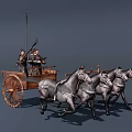 Ancient Wooden War Chariot Pulled By Four Horses With Warriors