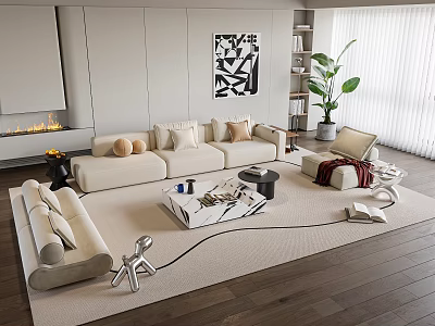 Modern Living Room With Light Colored Sofa And Coffee Table Set Pillows Rug And Decorative Plant 3d model