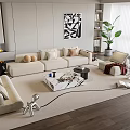 Modern Living Room With Light Colored Sofa And Coffee Table Set Pillows Rug And Decorative Plant