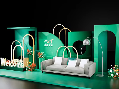 Modern Welcome Scene With Green Background Arch Designs Gray Sofa And Plants 3d model