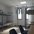 School Dormitory Interior With Blue Bunk Beds Desks Chairs Wall Clock And Chart 3d model