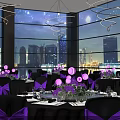 Restaurant Interior Design With Spiral Chandeliers City Night View Windows And Purple Decorations