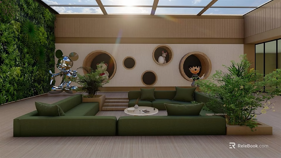 Sunlit Rooftop Garden With Glass Roof Green Sofas Plants And Wall Decorations 3d model 