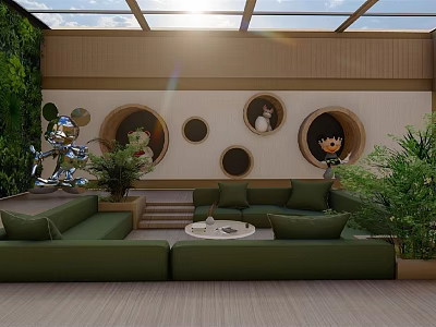 Sunlit Rooftop Garden With Glass Roof Green Sofas Plants And Wall Decorations 3d model