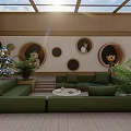 Sunlit Rooftop Garden With Glass Roof Green Sofas Plants And Wall Decorations