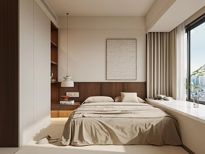 Modern Bedroom Interior With Wooden Headboard Decorative Artwork And Large Window Curtains 3d model