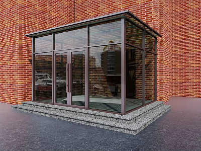Modern Red Brick Building Front With Glass Entrance And Stone Steps 3d model