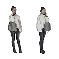 Stylish Woman Wearing White Turtleneck Sweater Dark Jeans Gray Bag and Brown Shoes