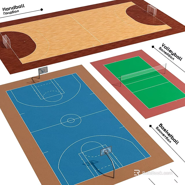 Essential Sports Equipment for Basketball Volleyball and Tennis Courts with Hoops Nets 3d model 