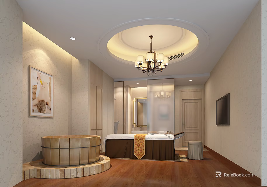 Luxurious SPA Sauna Interior With Wooden Floor Bathtub Chandelier TV And Decorative Painting 3d model 