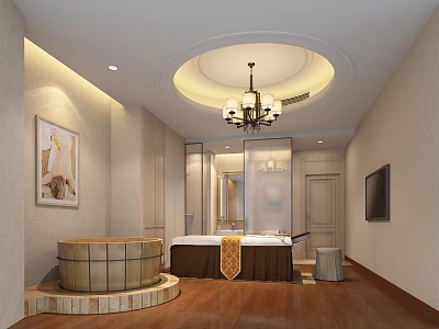 Luxurious SPA Sauna Interior With Wooden Floor Bathtub Chandelier TV And Decorative Painting 3d model