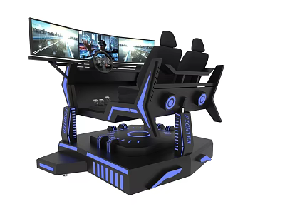 Modern Gaming Driving Simulator With Multiple Screens Steering Wheel Control Console And Blue Lighting Seats 3d model
