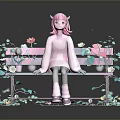 Pink Haired Character Sitting On Pink Bench With Green Vines Flowers And Butterflies