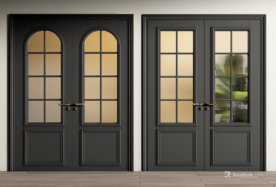 Black Double Doors With Arched And Rectangular Glass Panels And Golden Handles 3d model 
