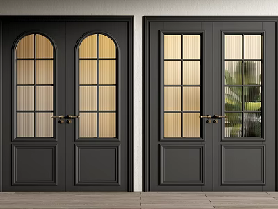 Black Double Doors With Arched And Rectangular Glass Panels And Golden Handles 3d model