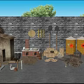 Traditional Garden Decorative Pieces With Thatched Hut Brick Wall Tools And Wheelbarrow