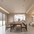Modern Restaurant Interior With Long Dining Table Chairs Sofa Plants And Large Windows
