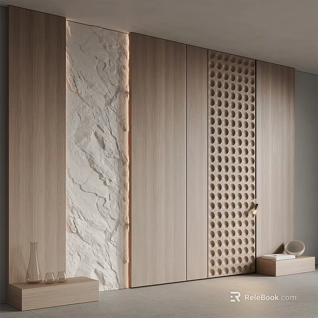 Modern Bedroom Accent Wall Design With Wooden Panels Stone Texture And Perforated Pattern 3d model 