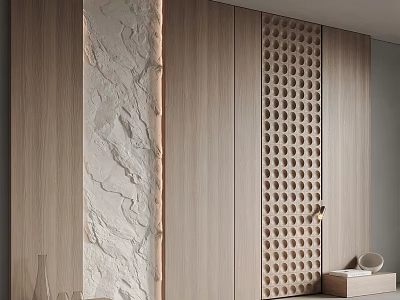Modern Bedroom Accent Wall Design With Wooden Panels Stone Texture And Perforated Pattern 3d model