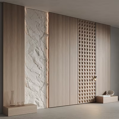 Modern Bedroom Accent Wall Design With Wooden Panels Stone Texture And Perforated Pattern 3d model
