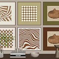Abstract Paintings Framed in Beige Green Brown Tones With Geometric Wavy Patterns And Decorative Elements 3d model