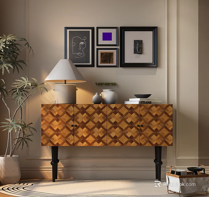 Modern Entryway Console Cabinet With Wooden Geometric Pattern Table Lamp Potted Plant And Framed Art 3d model 