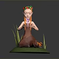 Cartoon Game Movie Character With Orange Hair Flower Crown Sitting on Grass Holding Pink Pinwheel