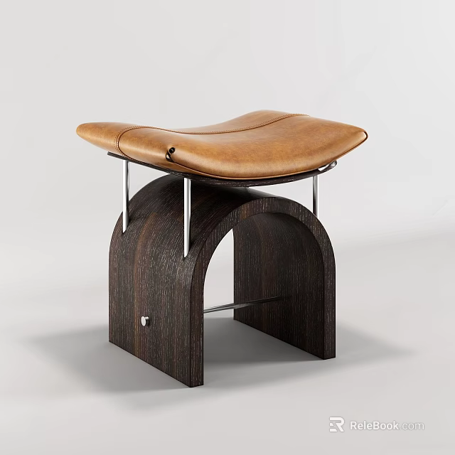 Modern Wooden Stool With Arched Frame Brown Leather Seat And Metal Supports 3d model 
