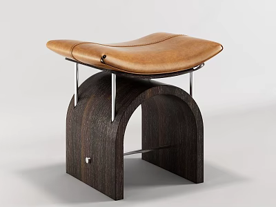 Modern Wooden Stool With Arched Frame Brown Leather Seat And Metal Supports 3d model