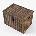 Brown Woven Rattan Storage Trunk With Leather Strap Closure For Home Organizing