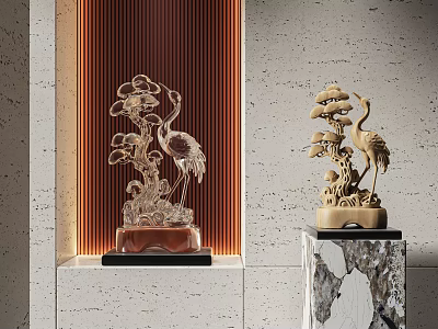 Elegant Crane And Pine Tree Sculptures With Transparent And Beige Carvings On Decorative Bases 3d model