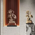 Elegant Crane And Pine Tree Sculptures With Transparent And Beige Carvings On Decorative Bases